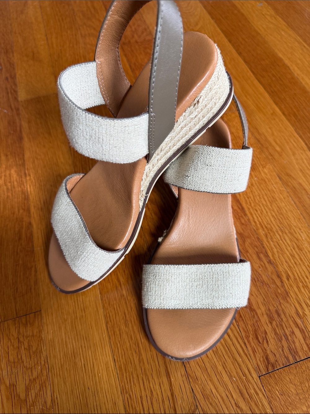 Andre Assous Beige Canvas Espadrille Wedge Sandals